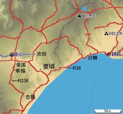 忠類～帯広～釧路間の地図